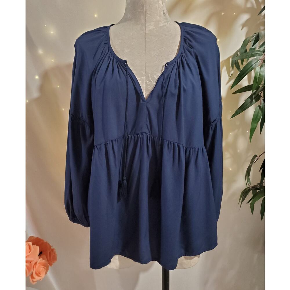 Old Navy NWT Womens Babydoll Tassel Peasant Blouse Top Size L Blue Boho Hippie